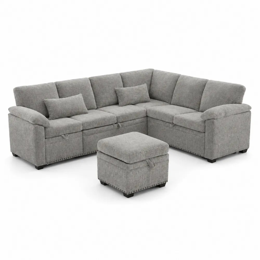 Ecksofa-Set mit Hocker aus Polyestergewebe, Grau