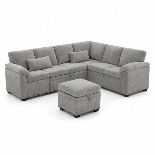 Ecksofa-Set mit Hocker aus Polyestergewebe, Grau