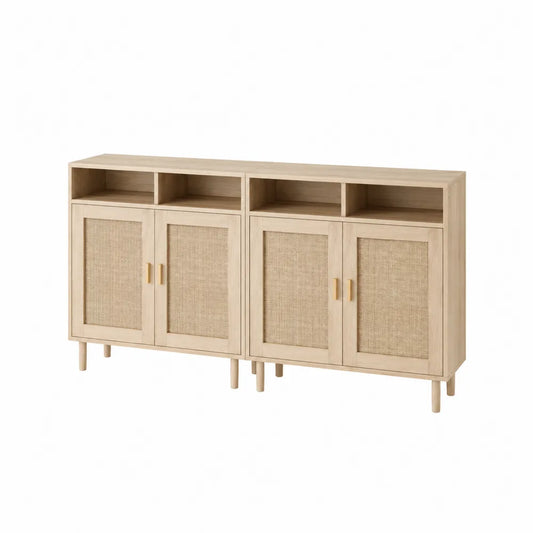 Sideboard aus Eiche und Rattan mit offenen Fächern