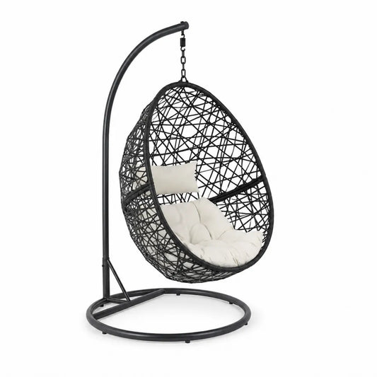 Metall Hängesessel mit Synthetischem Rattan und Polyesterkissen Schwarz/Beige