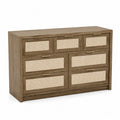 Kommode aus Massivholz mit Naturgeflecht, 7 Schubladen, Braun Beige