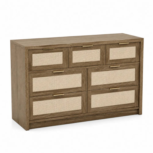 Kommode aus Massivholz mit Naturgeflecht, 7 Schubladen, Braun Beige