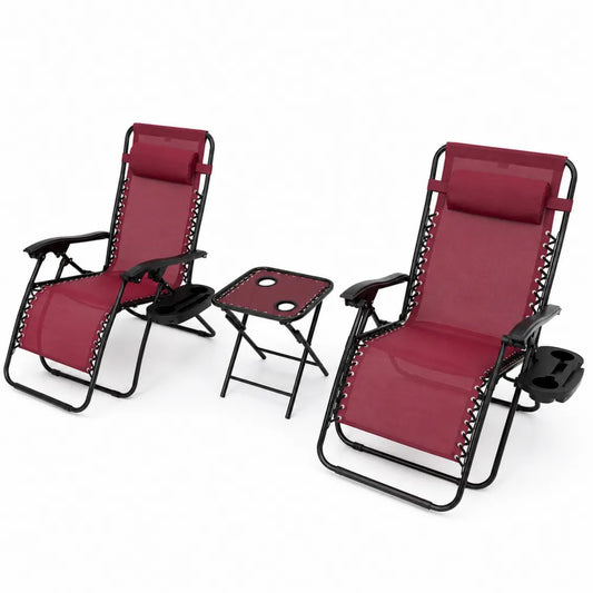 Metall-Klappbare Gartenliege Set mit Roter Textilene-Sitzfläche und Tisch